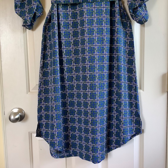 C. Wonder Midi Length Lattice Print Button Front Shirt Dress Blue/Green SZ 14 - Picture 12 of 16
